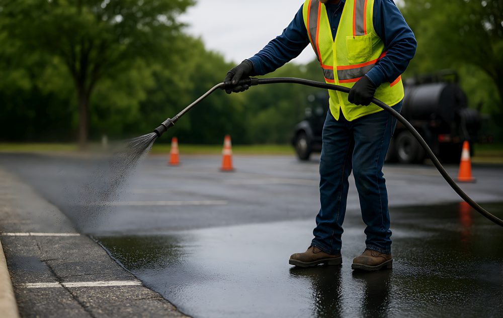 Crew member spraying asphalt sealcoating on a commercial lot
